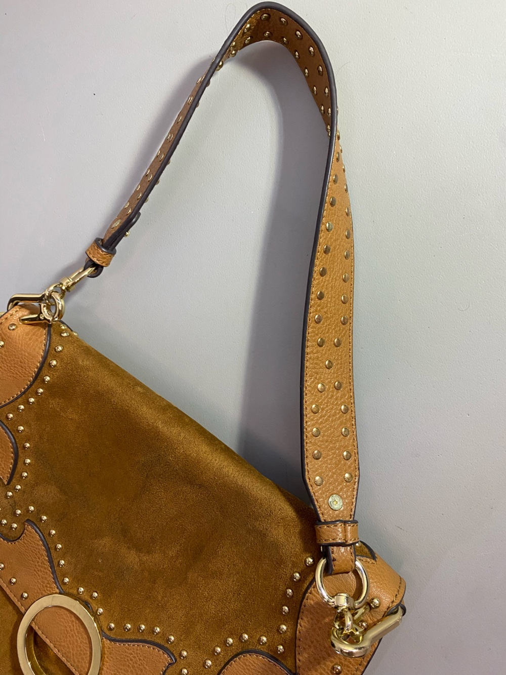 Aldo Tan Suede & Leather Shoulder Bag with Gold Ring Accent - Picture 11 of 16